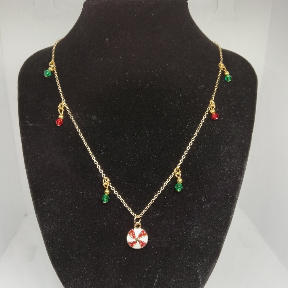 Hand Crafted Gold Necklace with Red and Green Charms - Picture 7 of 7